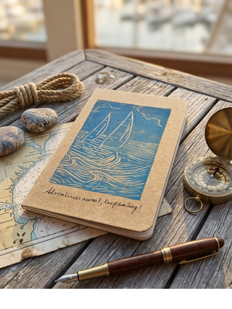 Adventure Sails - Thread Stitch — A6 Lino Print Notebooks by Aishwarya Ashok