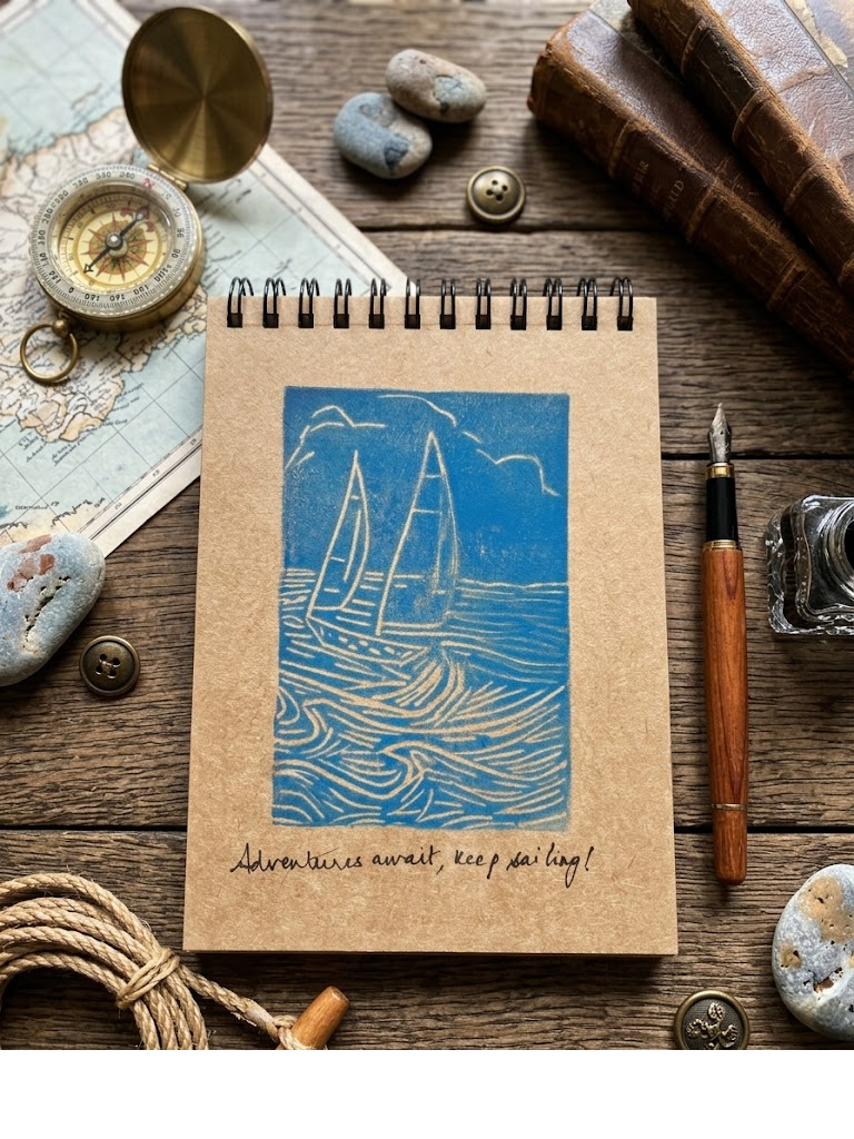 Adventure Sails - Wiro — A6 Lino Print Notebooks by Aishwarya Ashok