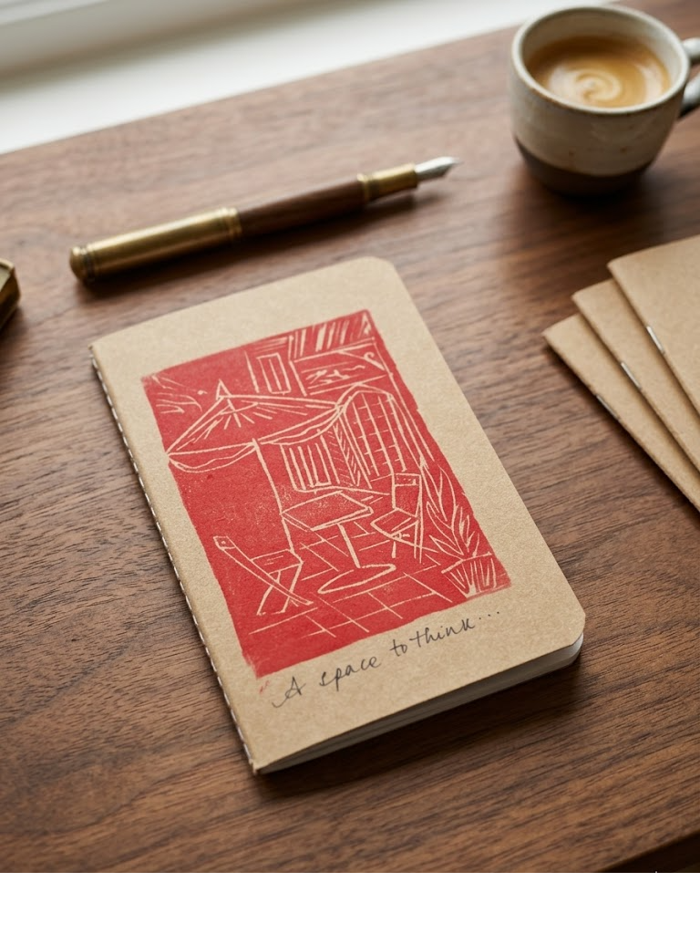 Cozy Cafe - Thread Stitch — A6 Lino Print Notebooks by Aishwarya Ashok