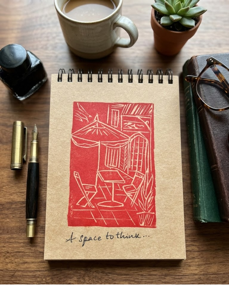 Cozy Cafe - Wiro — A6 Lino Print Notebooks by Aishwarya Ashok