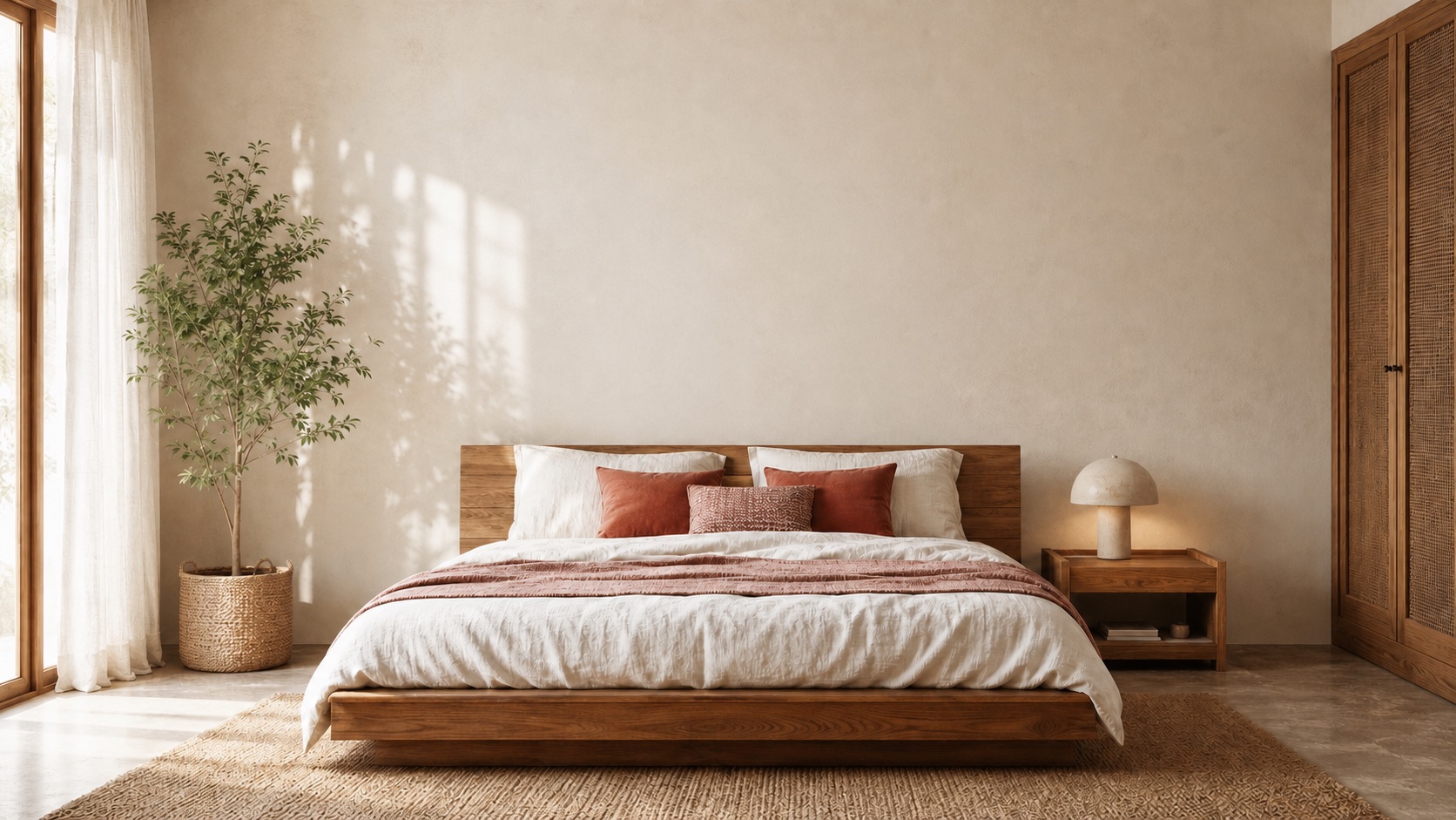 Warm cream and teak bedroom with three Rue Des Arts prints above a low bed