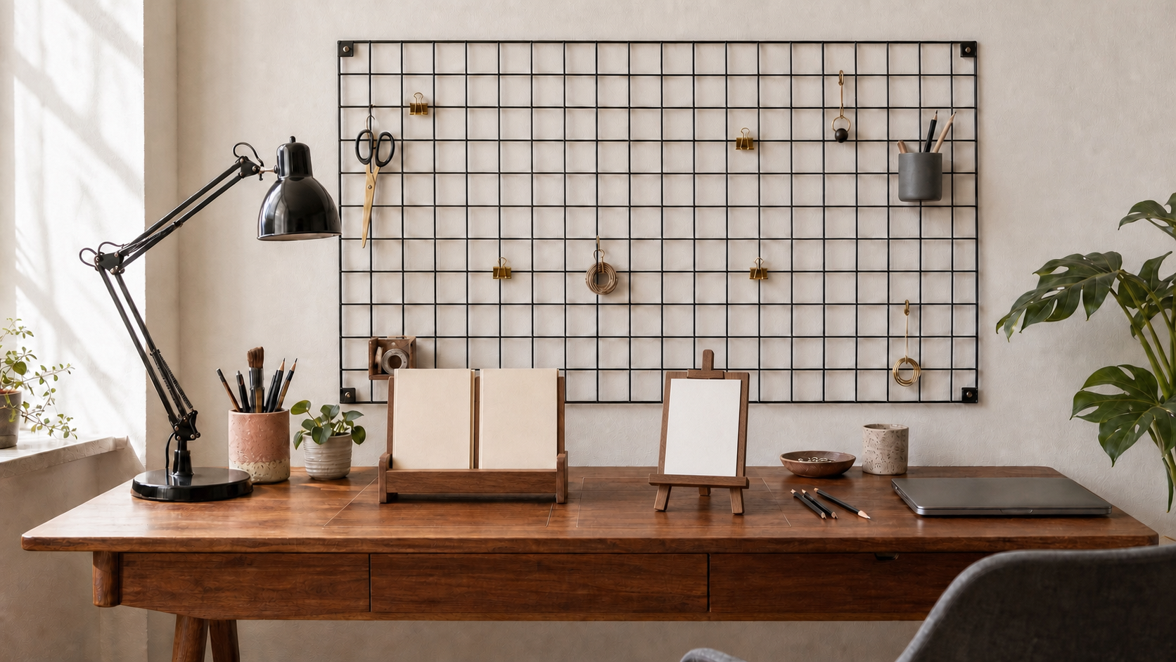 Warm creative study with a clean black wire mesh grid, teak desk, two notebooks in a walnut rack and an A5 print on a tabletop easel