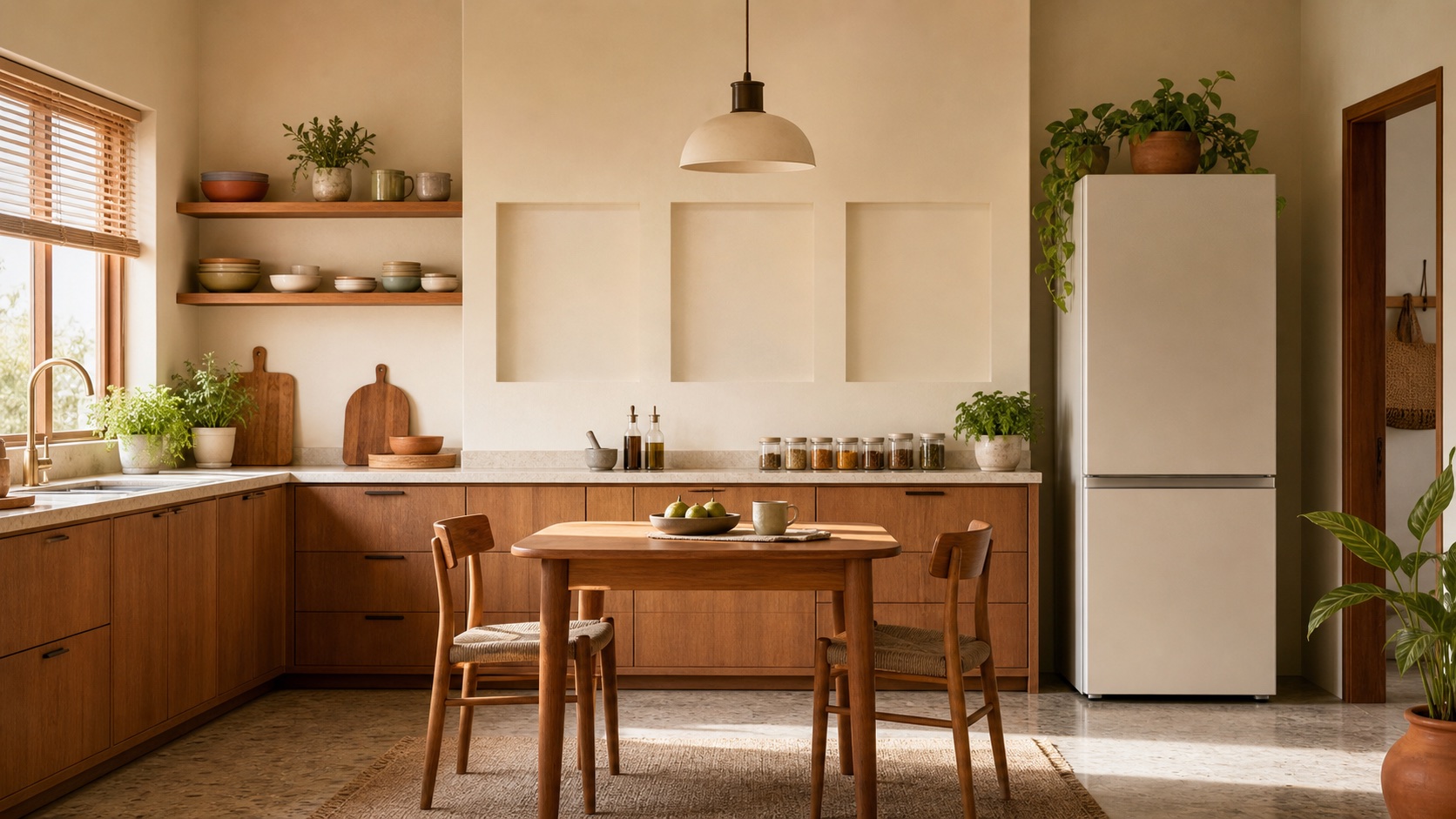 Warm teak breakfast kitchen with three small Rue Des Arts works on the central wall