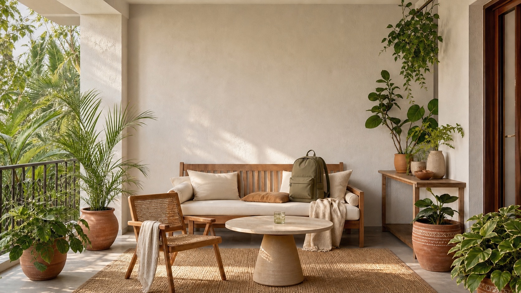 Leafy shaded balcony with teak seating and three Rue Des Arts travel prints