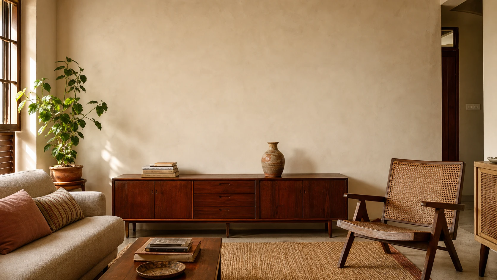 Warm sunlit Chennai living room with a teak credenza, cane chair, linen sofa and four Rue Des Arts prints arranged on the wall